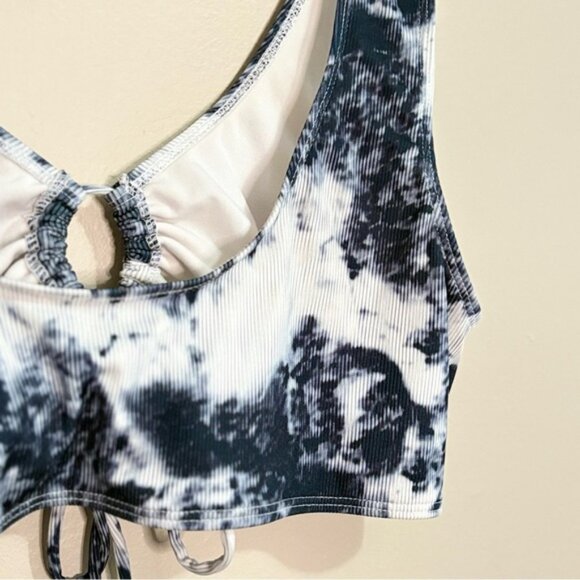 SHEIN Black & White Tye Die Ribbed Bikini Top w Drawstring Cut Out - Picture 10 of 15
